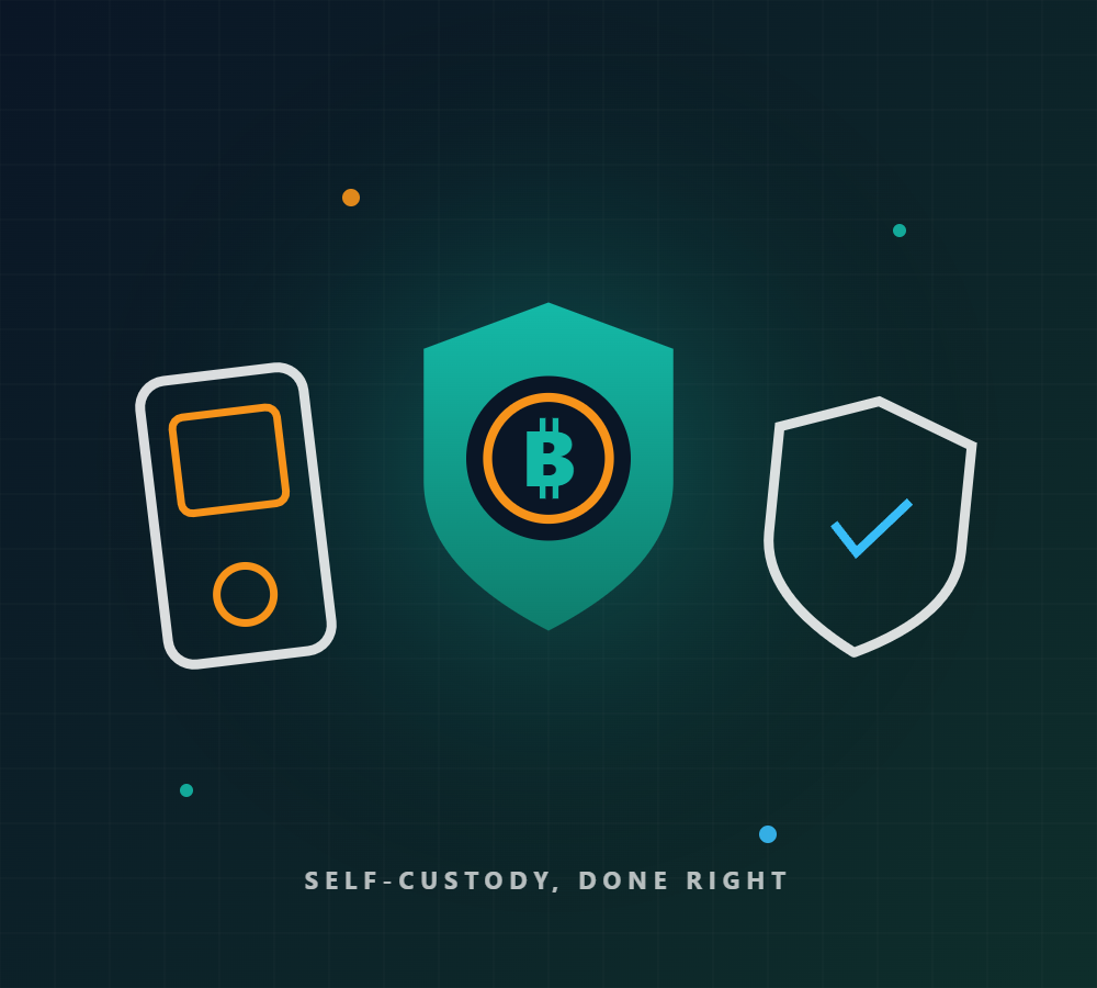 Bitcoin coin flanked by a hardware wallet and a security shield